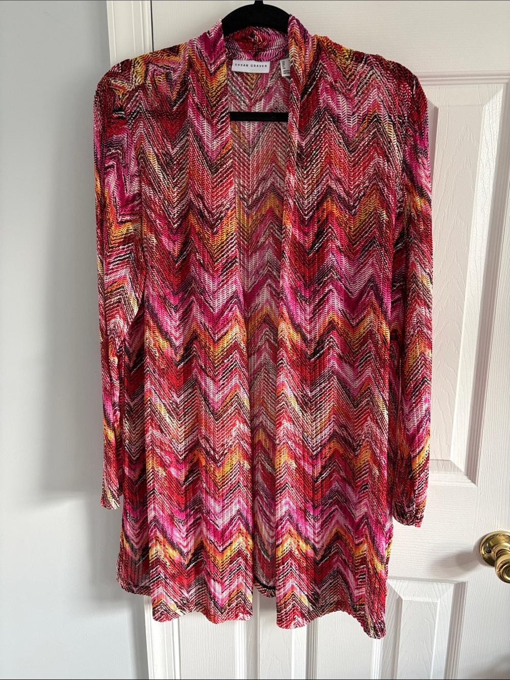 Susan Graver Multicolor Pink Chevron Longline Open Front Long Sleeve Cardigan M